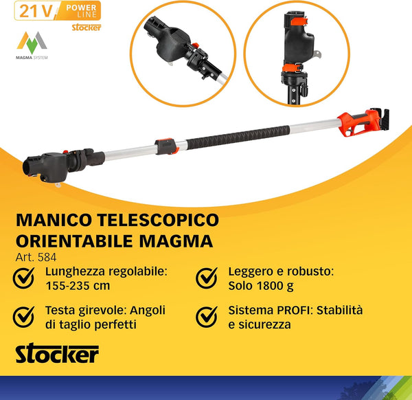 Kit Potatura Motosega con Manico Telescopico Magma E-150 LA 21V - Batteria 2.6Ah e Olio Lubrificante Inclusi - Taglio Fino a 3,5m - Stocker