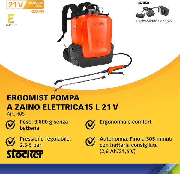 Kit Pompa Elettrica a Zaino 15L con Batteria 21V 2.6Ah - Pressione 2.5-5 Bar - Stocker