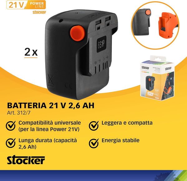 BATTERIE POWER 21 V 2,6 AH - Kit 2 Batterie - Universale Linea 21 V - Litio 56 Wh - Stocker