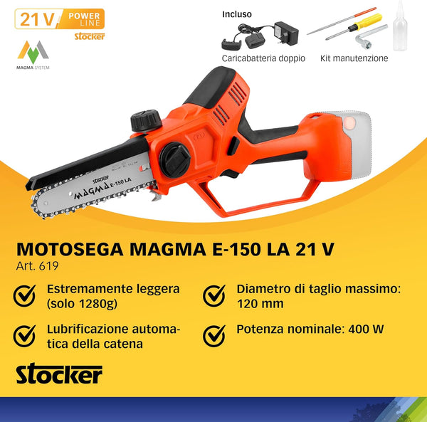 Kit Potatura Motosega con Manico Telescopico Magma E-150 LA 21V - Batteria 2.6Ah e Olio Lubrificante Inclusi - Taglio Fino a 3,5m - Stocker