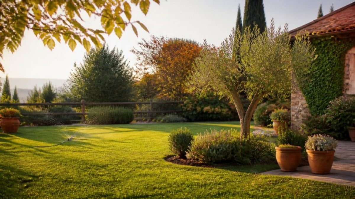 Giardino autunnale curato con prato verde, ulivo e vasi in terracotta
